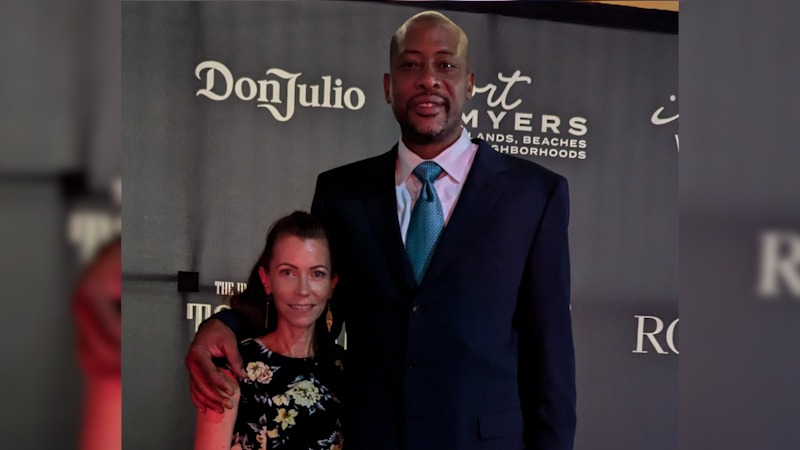 Natasha McKenty, Editor at Open Jaw with Jamaal Magloire, former Toronto Raptor and current team ambassador. Fort Myers TIFF Party