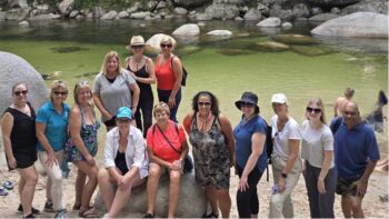 Group photos at Mossman Gorge. L-R Jennine Hamilton, Rosie, Michelle deKort, Lesley Houlder, Marj Valenzuela, Clementina Iannuzzi, Cindy Sedge, Carolyn MacKay, Karen Dahdah, Jamie Horwood, Deborah Hickey, Brooklyn Munson, Banerji Gloridason