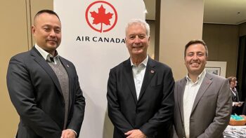 Pictured: Timothy Liu, Managing Director, Sales Planning and Effectiveness; President and CEO Michael Rousseau; and Vincent Gauthier-Doré, Managing Director, Canada, USA and Mexico, Air Canada.