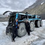 Ice Odyssey driver Archie Creenaune and guide Gracie Fenn on the Athabasca Glacier